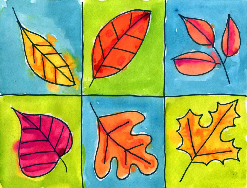 Fall leaves drawn with a marker and painted with watercolor. A good wet-on-wet painting project.