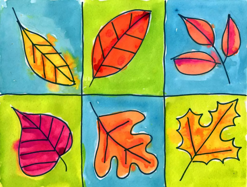 Fall leaf drawing with a marker and painted with watercolor. A good wet-on-wet painting project.