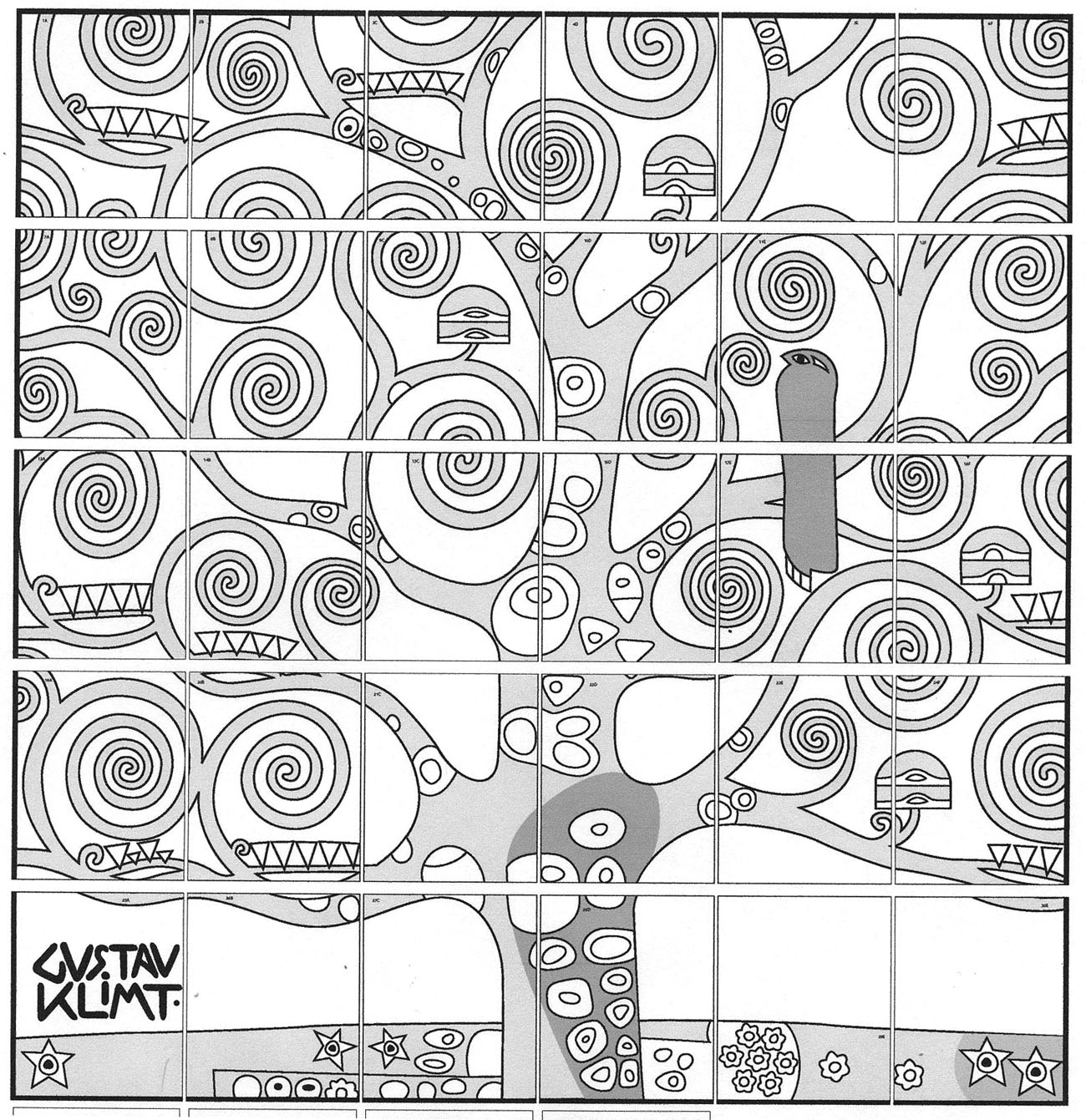 Introduce the artwork of Klimt for kids with my large scale mural template Each student colors a page and to her make a large collaborative mural