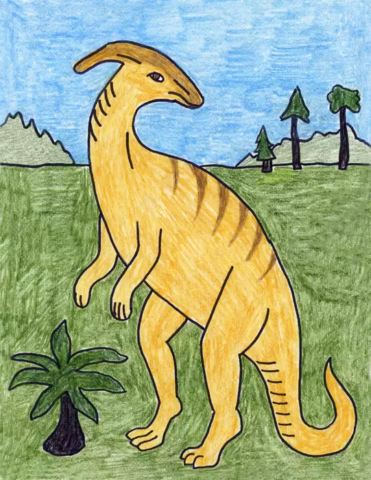 A drawing of Parasaur, made with the help of an easy step by step tutorial. 