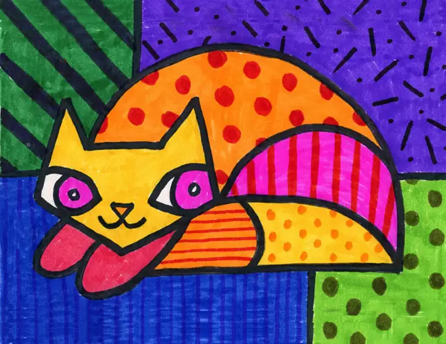 A drawing of a Romero Britto cat, made with the help of an easy step by step tutorial.