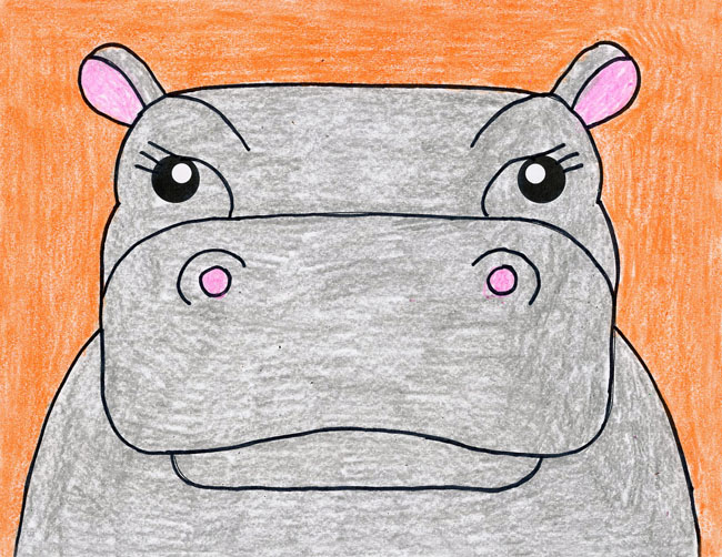 A hippo face drawing, made with the help of a step by step tutorial.