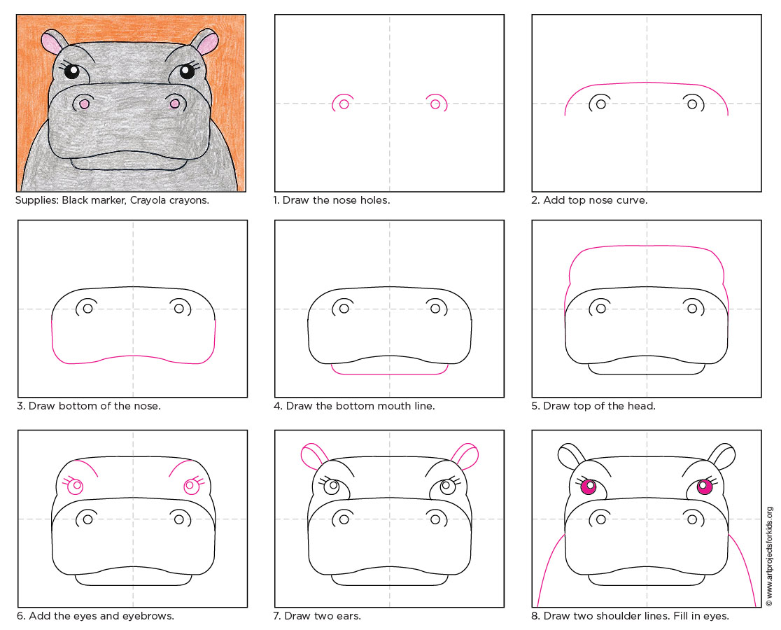 Draw a Hippo Face Art Projects for Kids