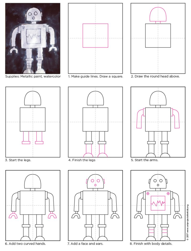 Easy How to Draw a Robot Tutorial and Robot Coloring Page