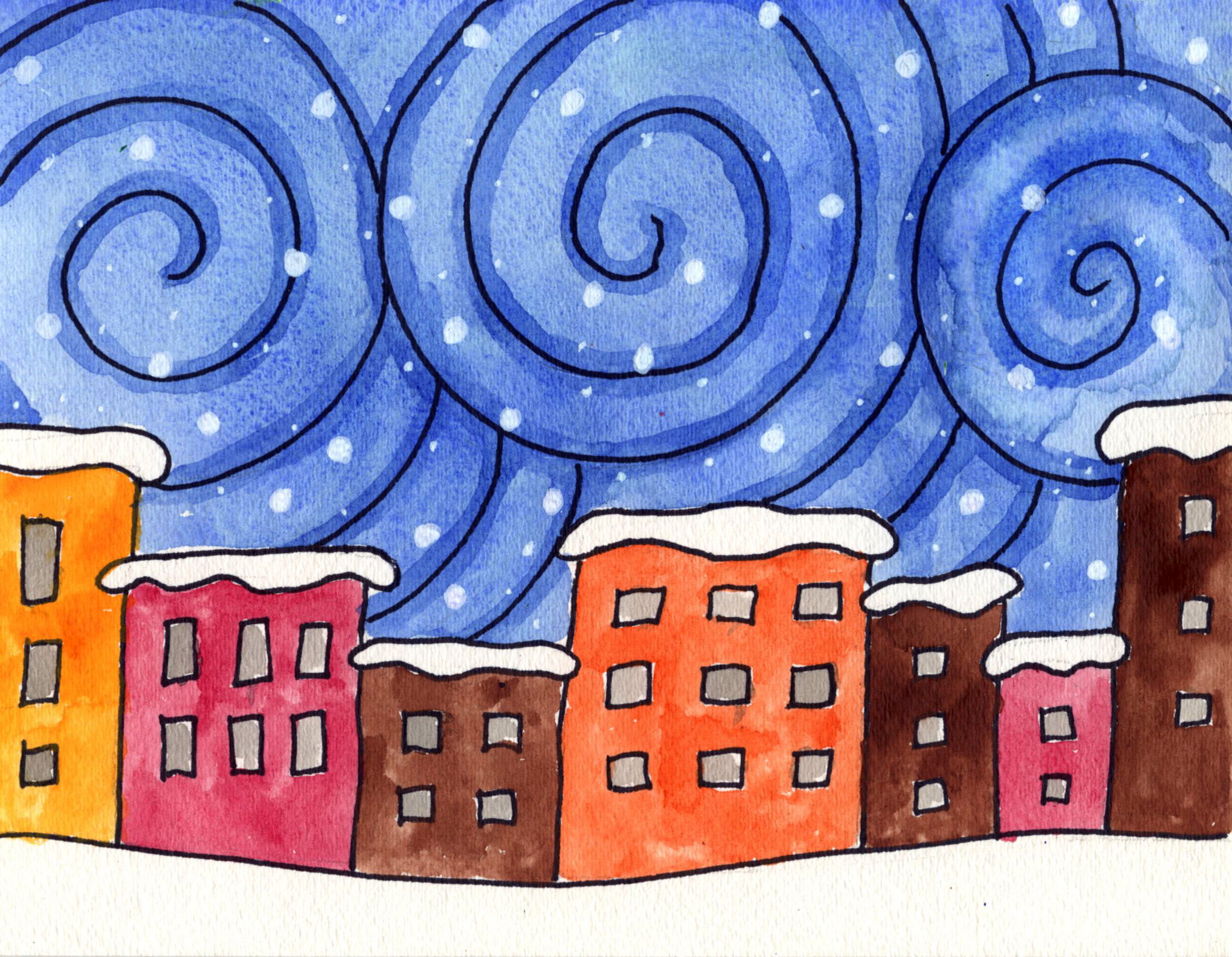 Easy How to Draw a Snowy City and Snowy City Coloring Page