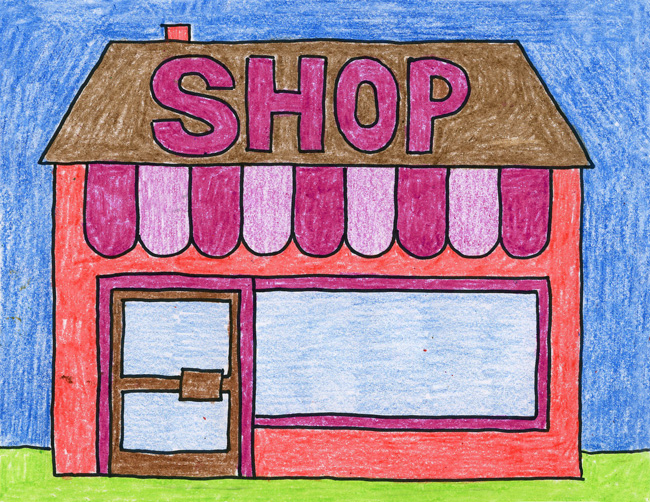 Easy How to Draw a Shop Tutorial and Shop Coloring Page
