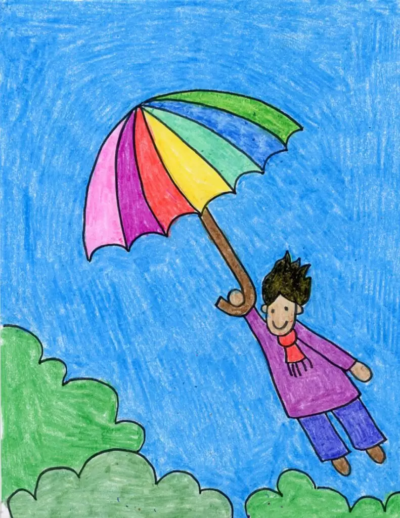 Draw a windy day with the help of a colorful umbrella.