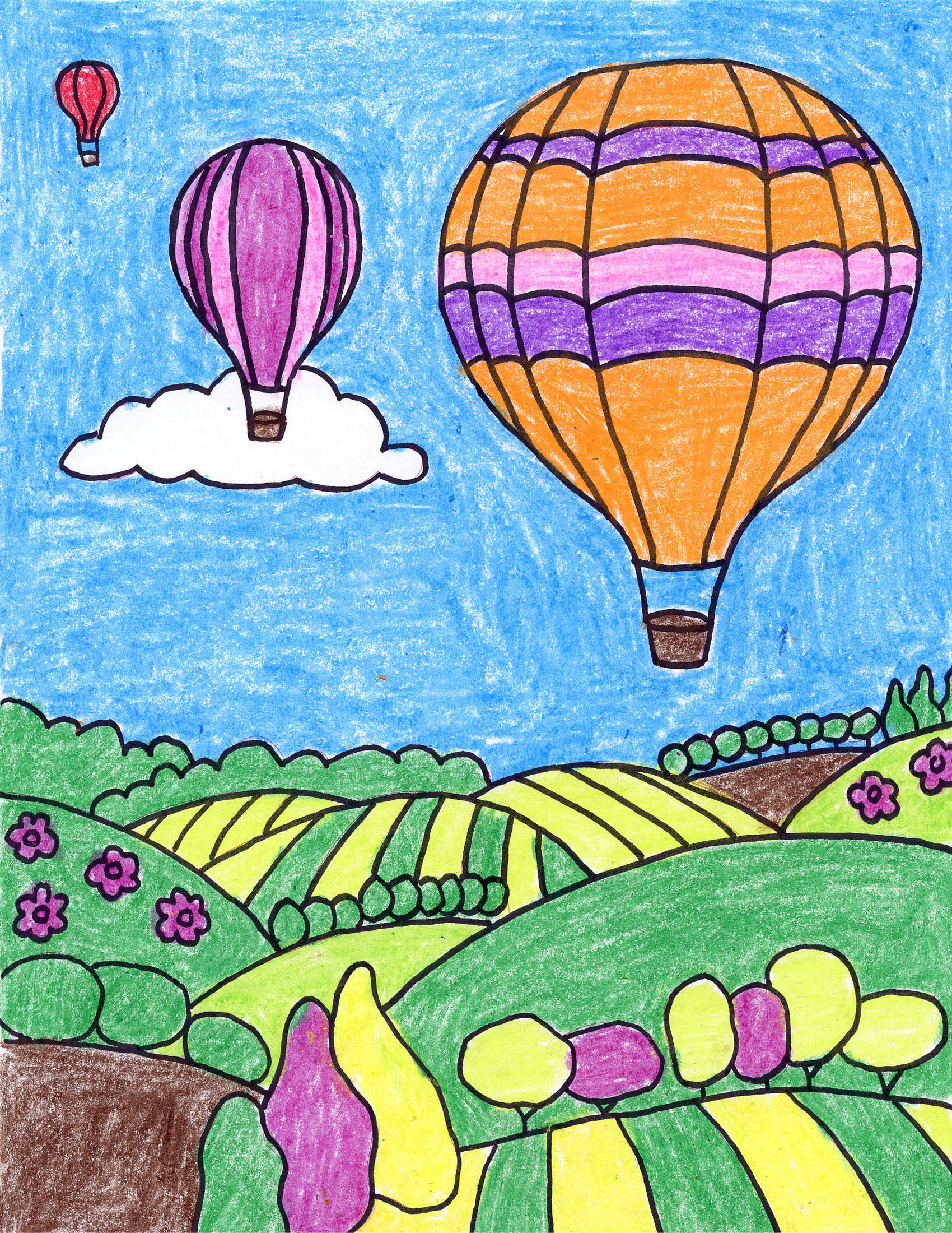 Colorful hot air balloon art design hand drawing 