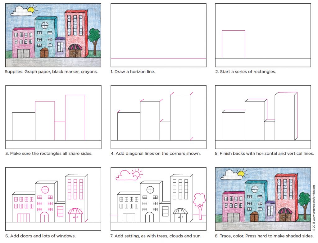 how step draw m step a by 3d to Projects 3D Buildings Art for Draw · Kids