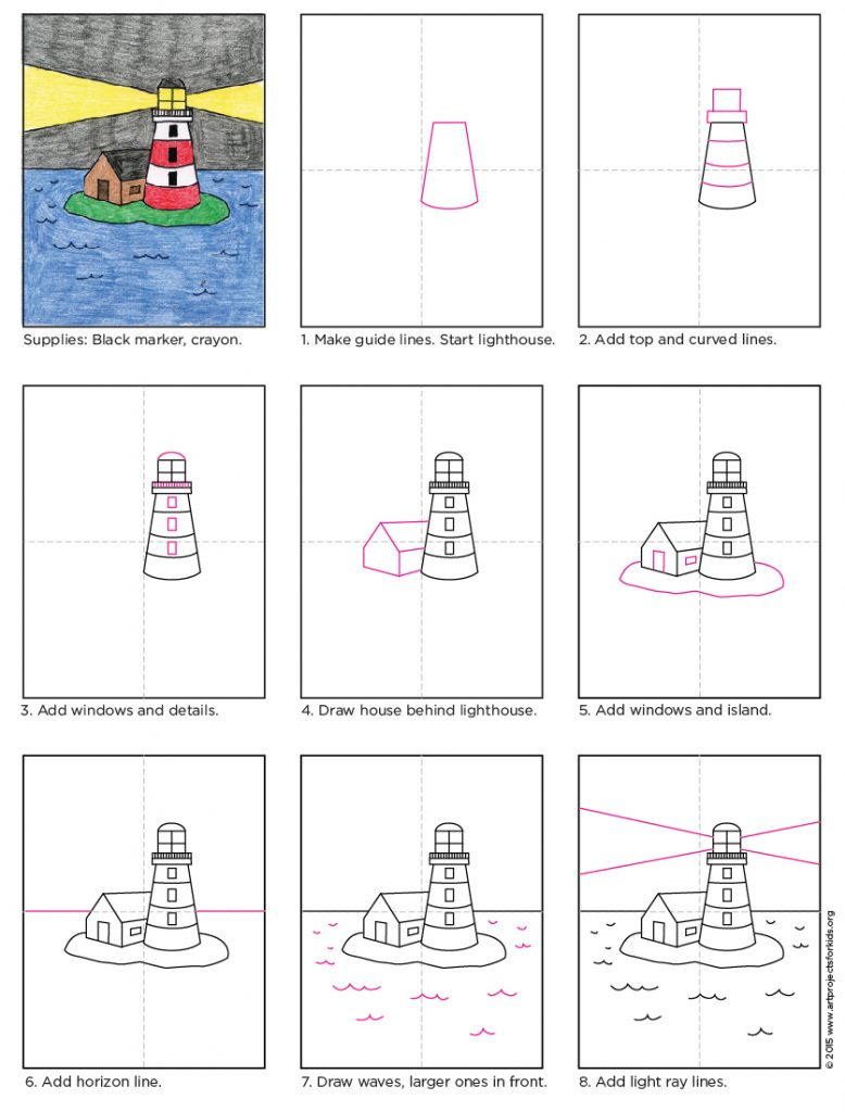 Art projects for kids. Step by step light house drawing 