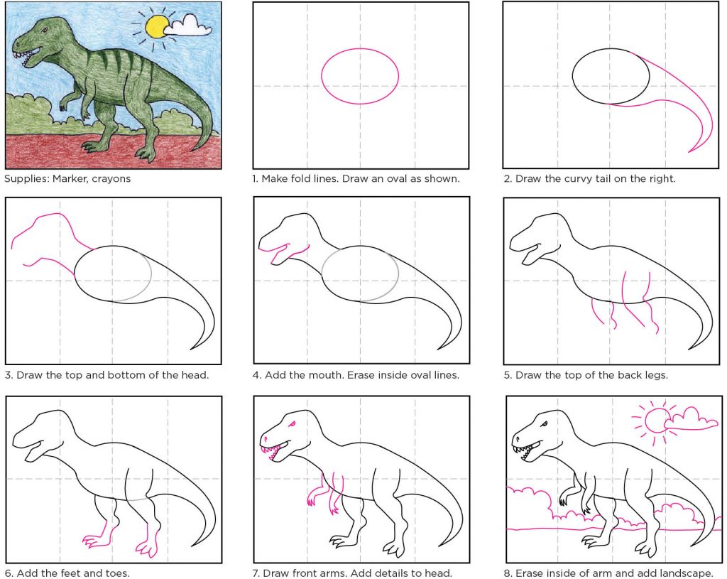 Easy How to Draw a TRex Tutorial and TRex Coloring Page