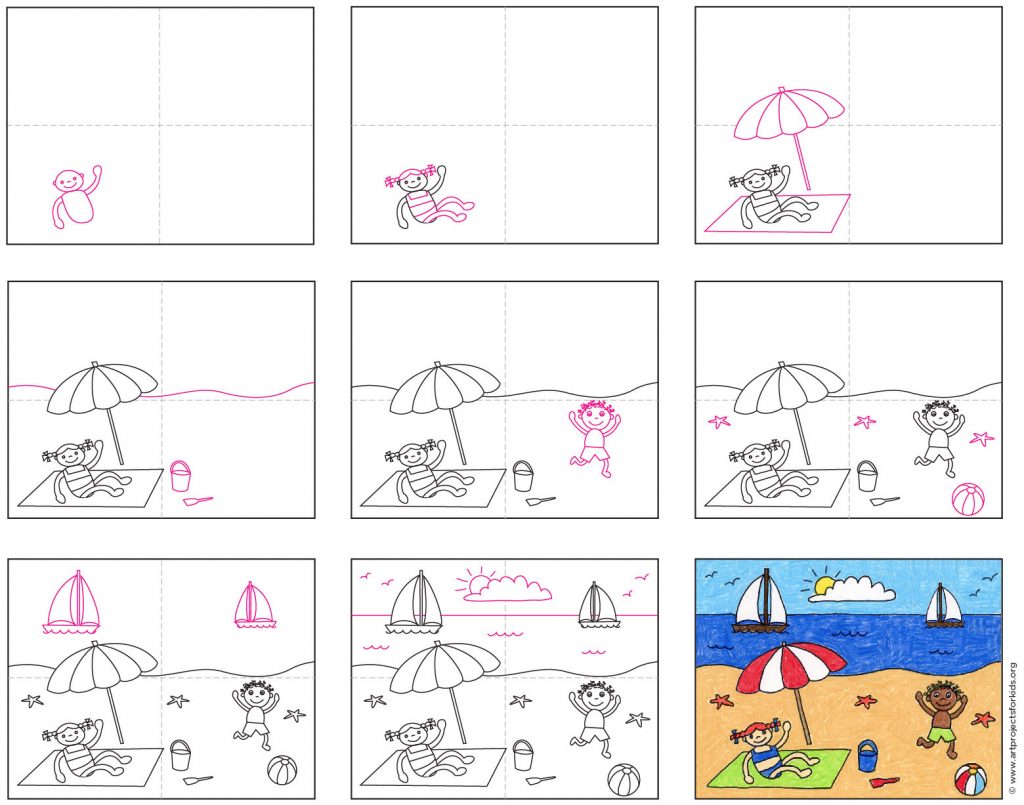 Easy How to Draw a Beach Tutorial and Beach Coloring Page · Art