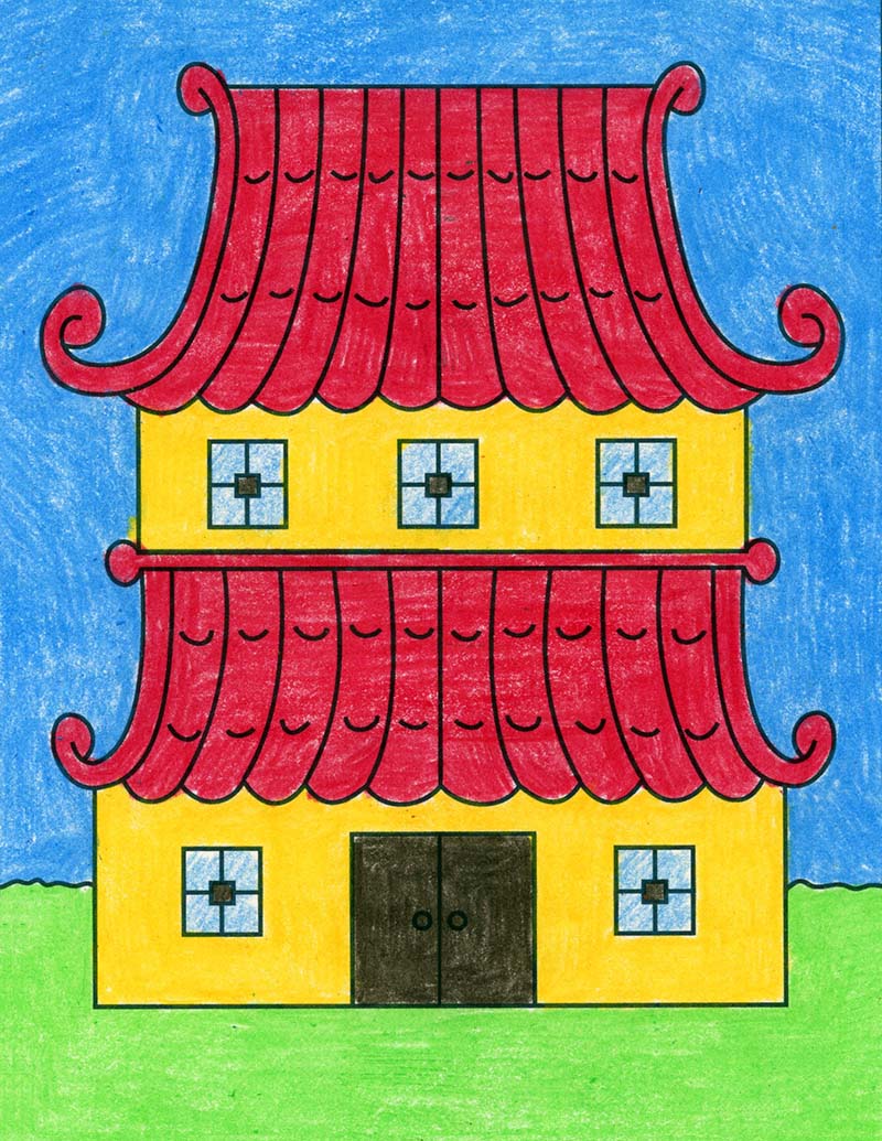 Easy How to Draw a Pagoda Tutorial and Pagoda Coloring Page