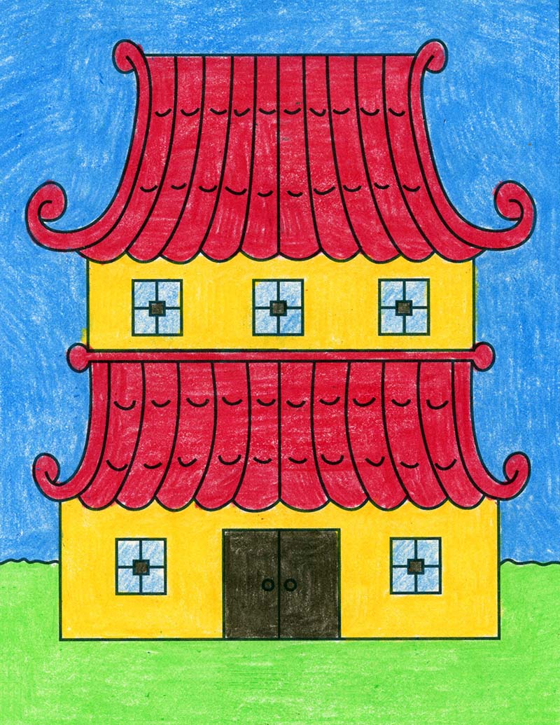 Easy How to Draw a Pagoda Tutorial and Pagoda Coloring Page — JINZZY