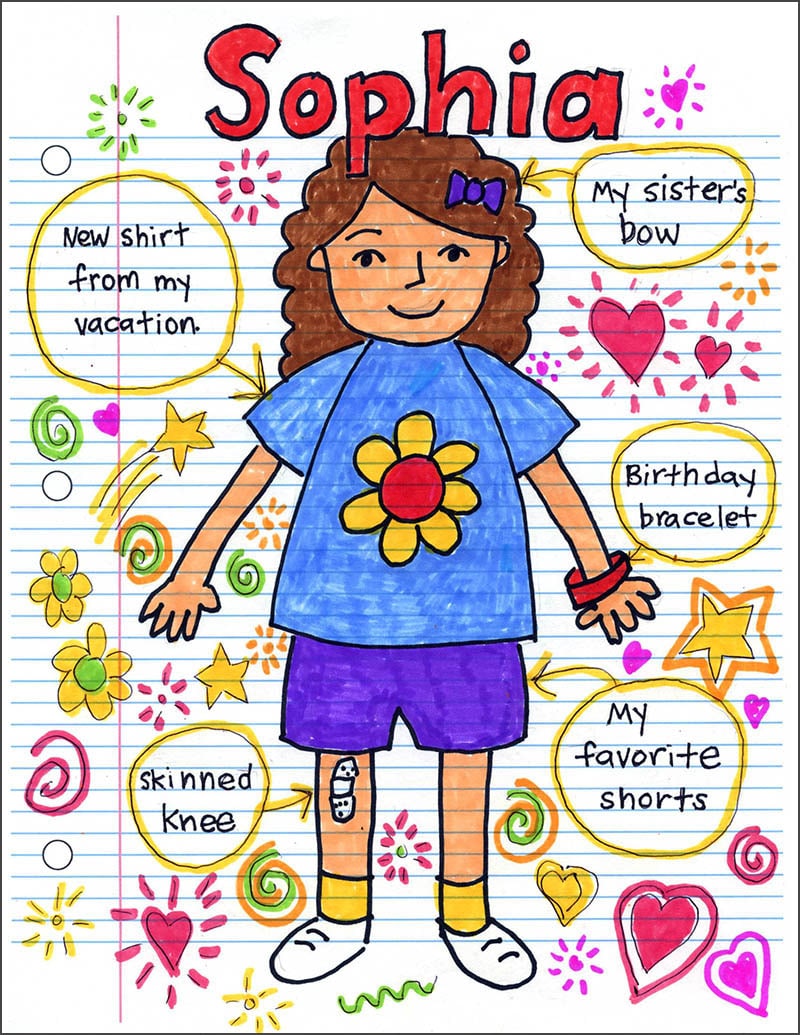 Easy Draw a Doodle Self Portrait and Coloring Page