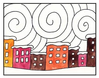 Easy How to Draw a Snowy City Tutorial Video and Coloring Page