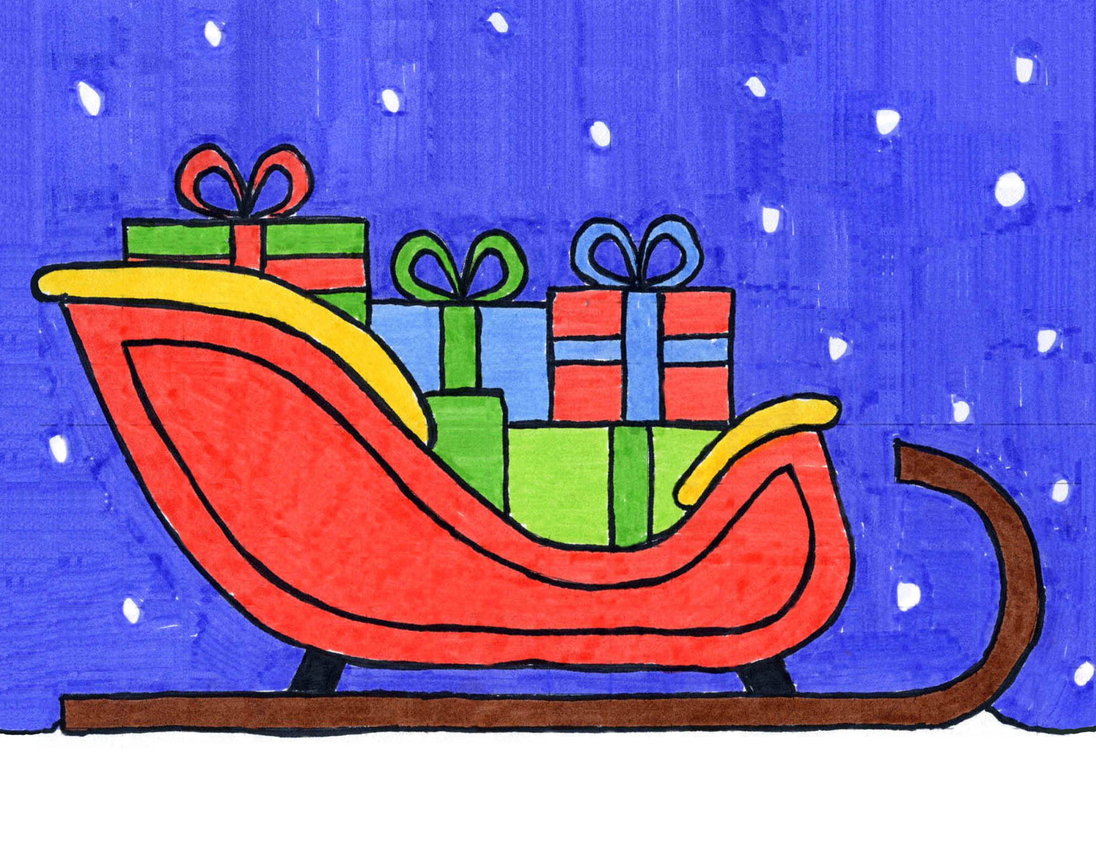 Easy How to Draw Santaâ€™s Sleigh Tutorial and Coloring Page.