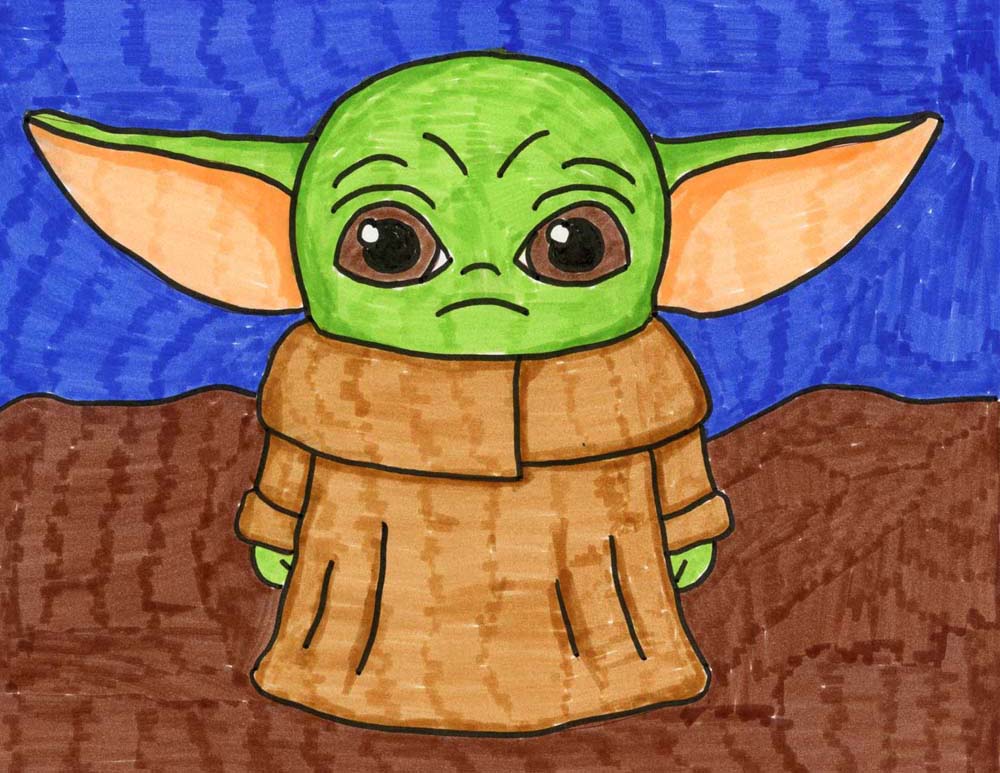 A drawing of Baby Yoda, made with the help of an easy step by step tutorial.