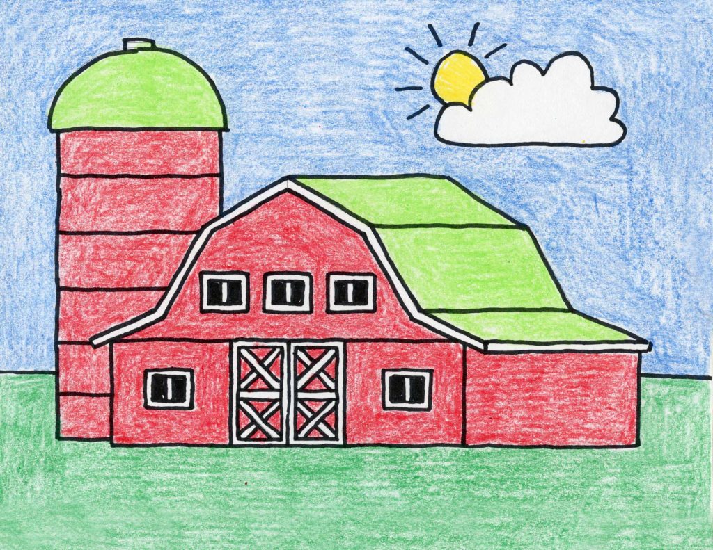 Easy How to Draw a Barn Tutorial and Barn Coloring Page