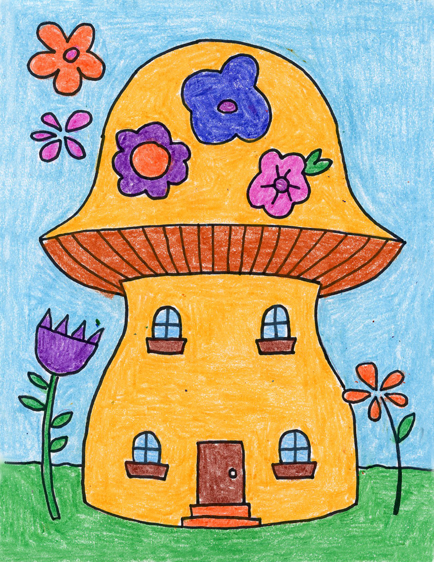 Easy How to Draw a Mushroom House Tutorial and Mushroom House Coloring Page