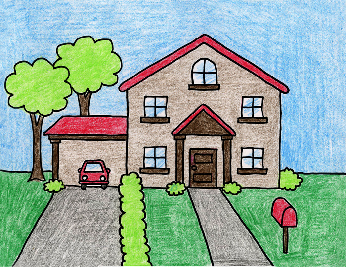 Easy How Draw a House with a Car Tutorial Video and a House and Car Coloring Page
