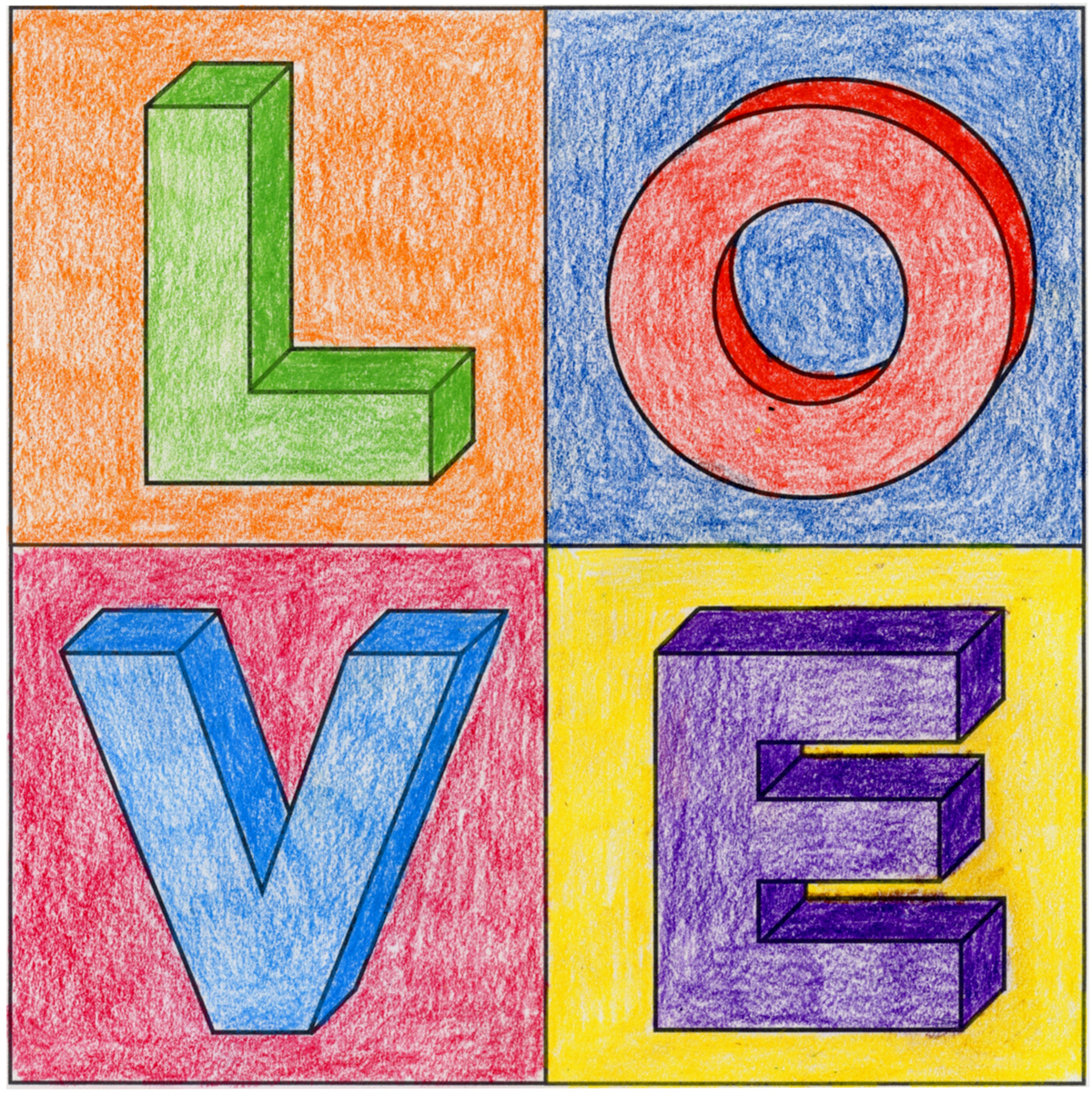 How to Draw 3D Block LOVE Letters and 3D Block LOVE Letters Coloring Page