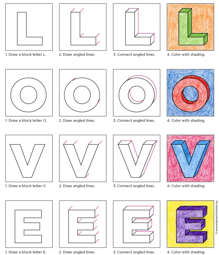 How to Draw 3D Letters Video Tutorial Video and a 3D Letters Coloring Page  | Lettering alphabet, Lettering guide, Hand lettering alphabet