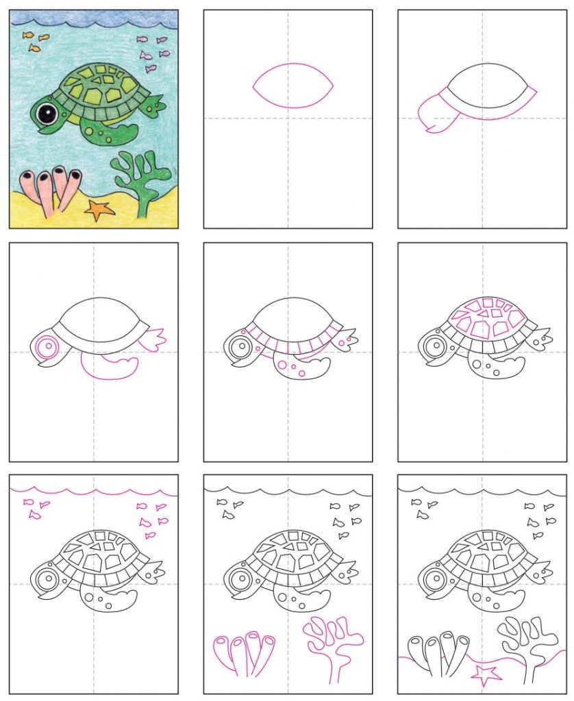 Простое руководство по рисованию морской черепахи, видео и раскраска