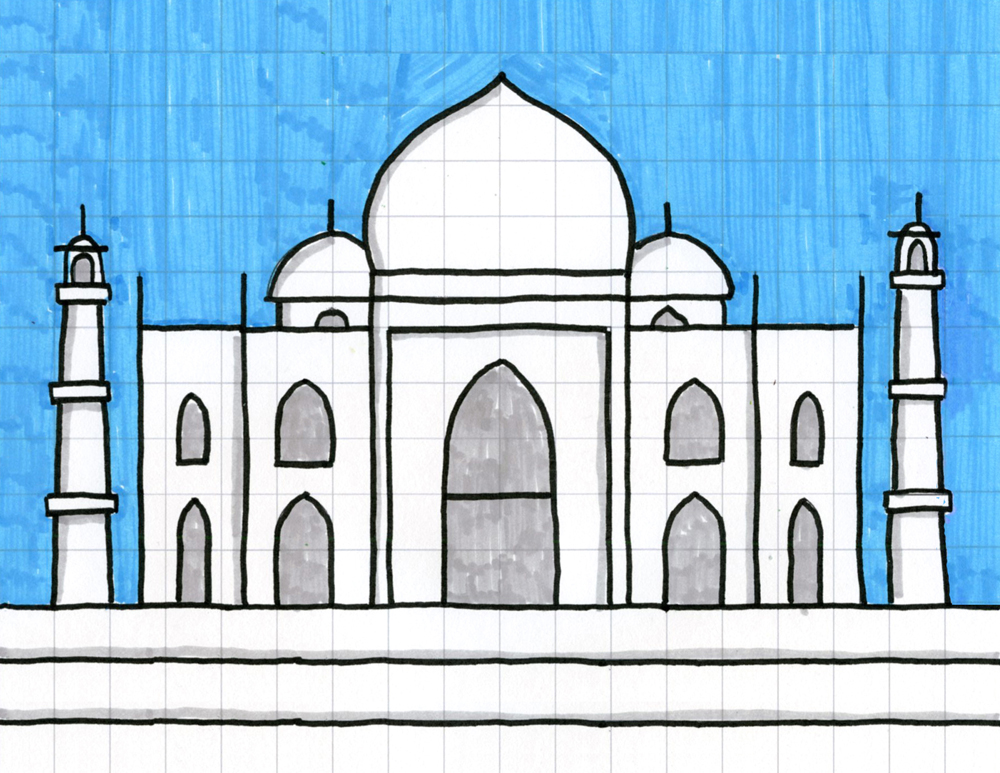 Easy How to Draw the Taj Mahal Tutorial, Taj Mahal Coloring Page