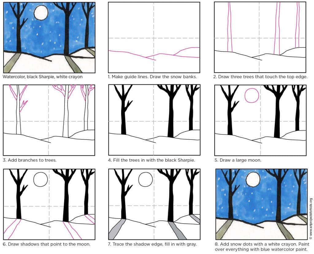 easy winter landscape drawing