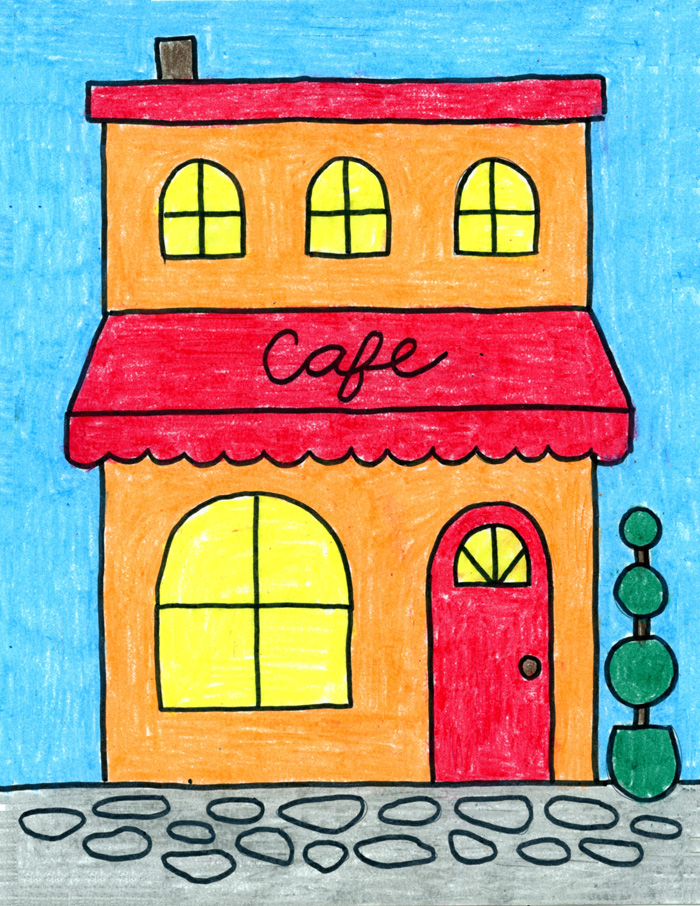 Easy How To Draw A Cafe Tutorial And Cafe Coloring Page   Cafe Crayon Post 