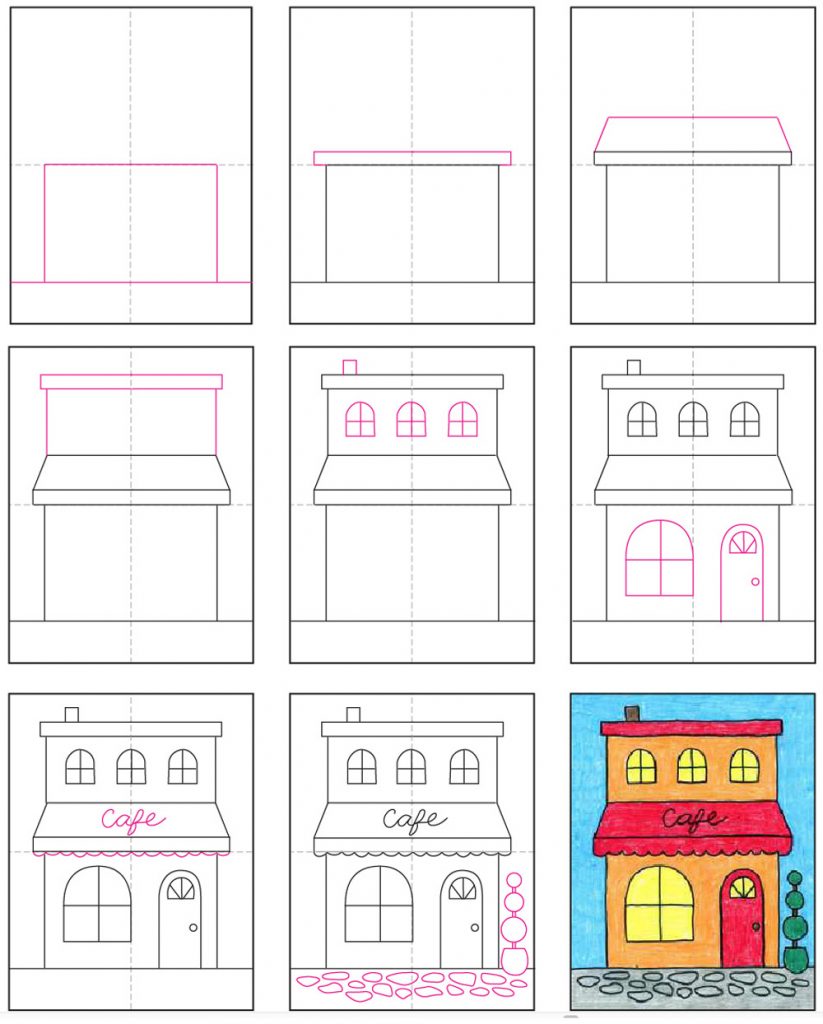 Easy How to Draw a Cafe Tutorial and Cafe Coloring Page