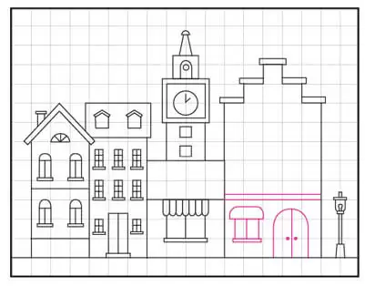 City landscape. Line urban backdrop. Skyline with clouds, different  buildings on street, doodle street draw, outline cityscape hand sketch,  flat houses. Outline graphic. Vector background Stock Vector | Adobe Stock