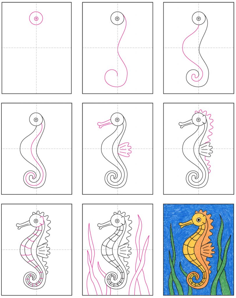 Easy How to Draw a Seahorse Tutorial and Seahorse Coloring Page · Step