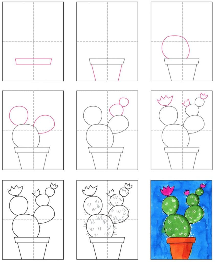 Easy How to Draw Cactus Tutorial and Cactus Coloring Page