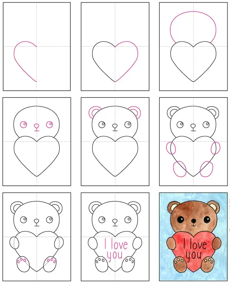 how to draw a teddy bear with a heart