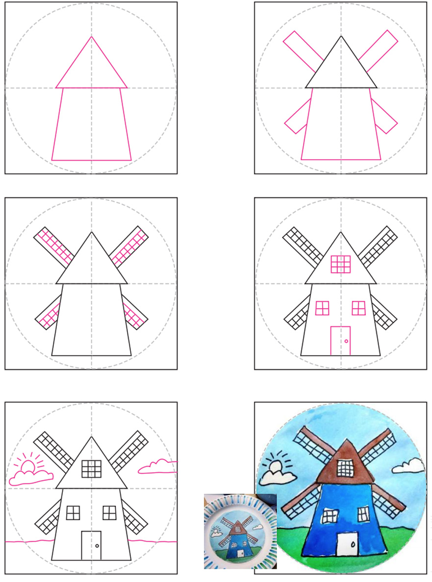 Easy How to Draw a Windmill Tutorial and Windmill Coloring Page