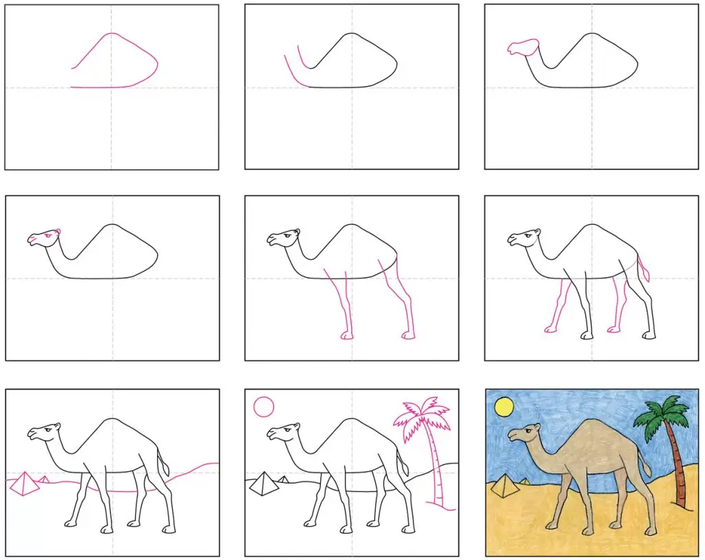 Пошаговое руководство по рисованию простого верблюда, также доступное для бесплатной загрузки.