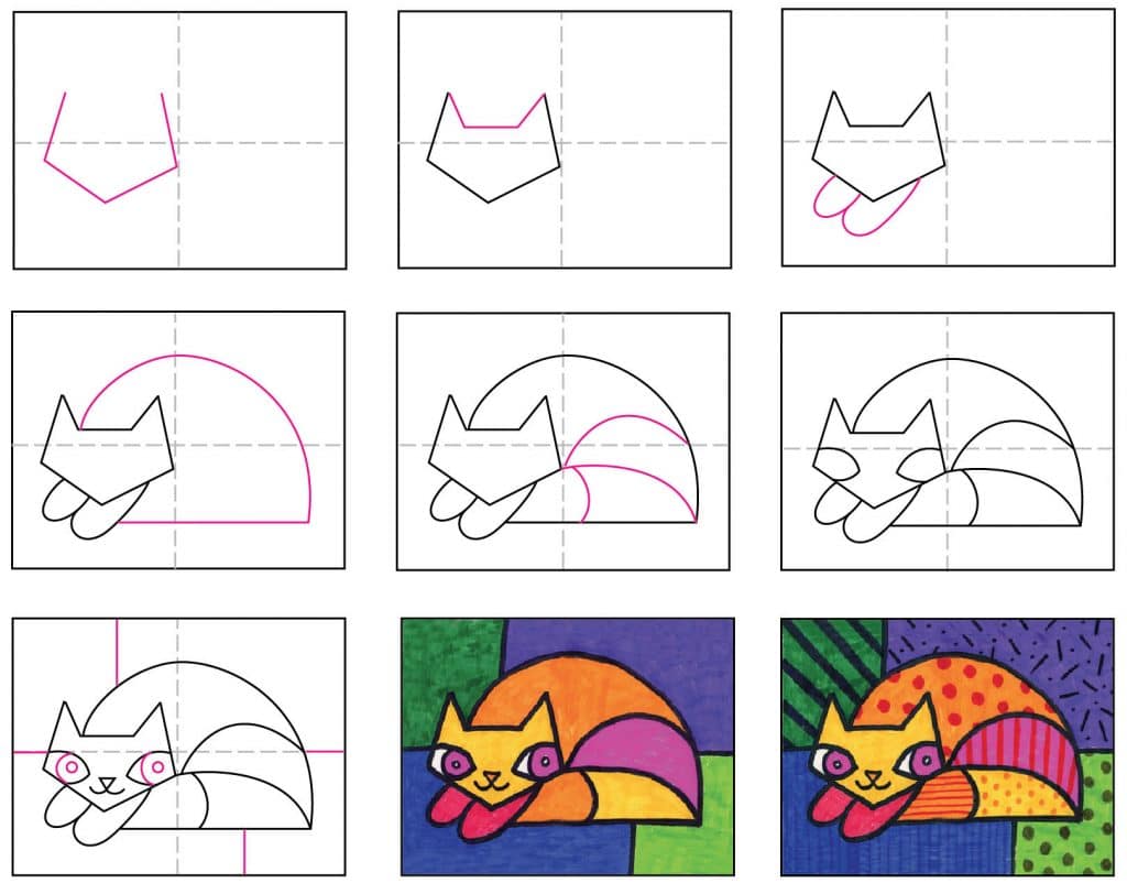 Пошаговое руководство по рисованию простого кота Ромеро Бритто, также доступное для бесплатного скачивания.