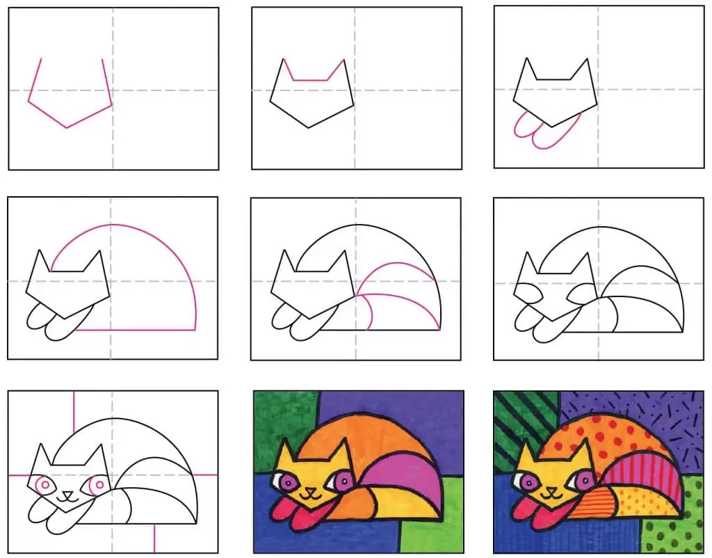 A step by step tutorial for how to draw an easy Romero Britto cat, also available as a free download.