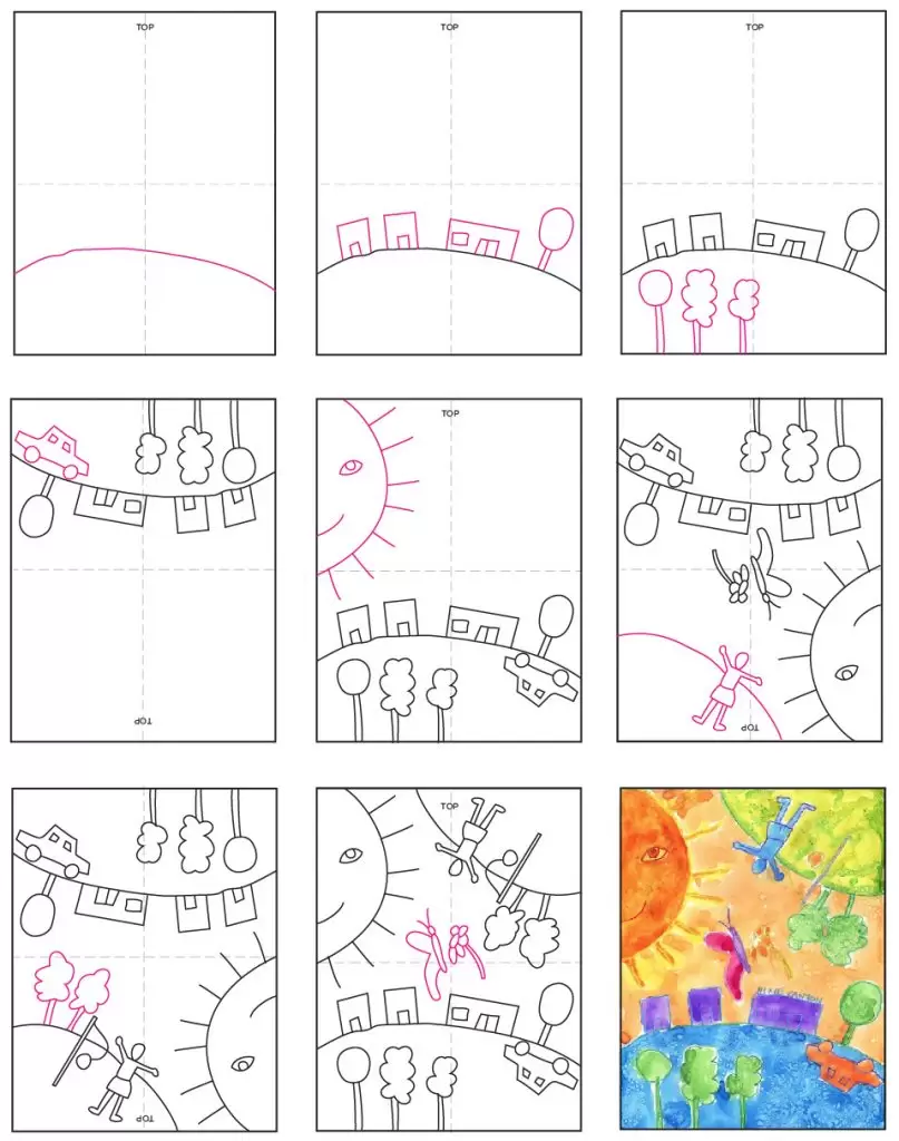 A step by step tutorial for how to draw an easy Chagall Inspired Art Project, also available as a free download.
