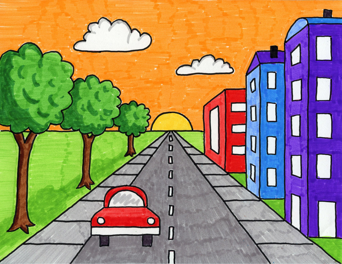 Easy Step-by-Step Tutorial for a City with One Point Perspective Drawing and Coloring Page