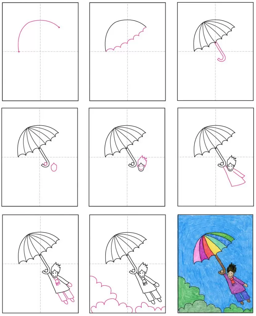 Draw a windy day with the help of a colorful umbrella.