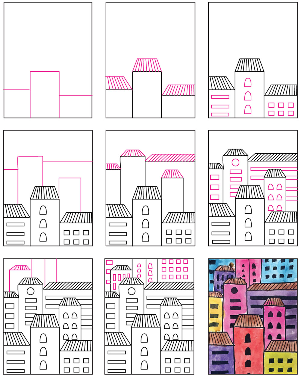 How To Draw Easy Buildings Art Projects For Kids   Overlapping Buildings Diagram 