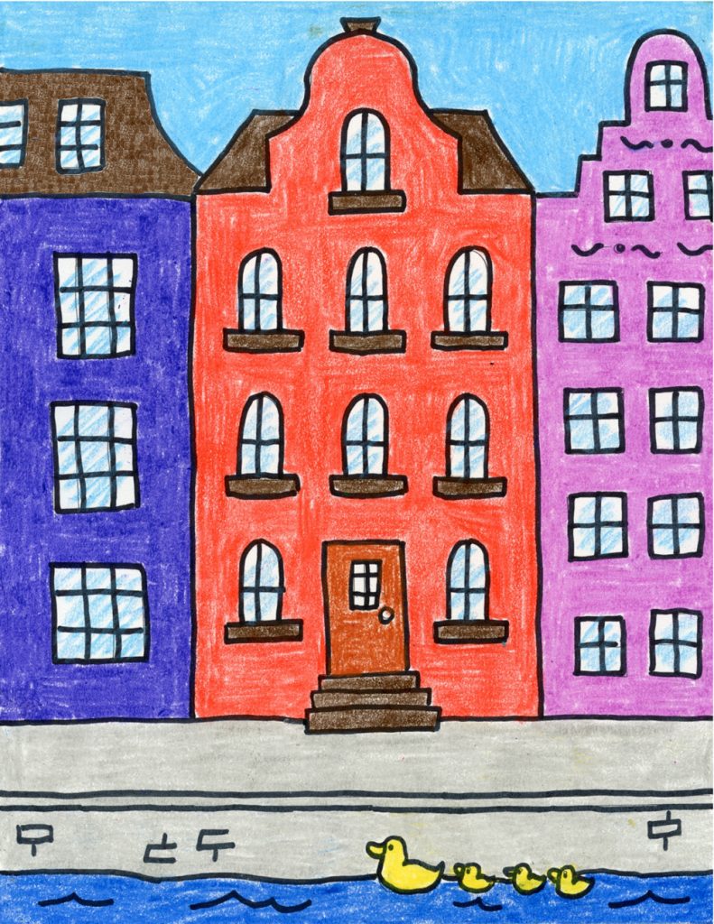 Easy How to Draw Buildings Tutorial Video and Coloring Page