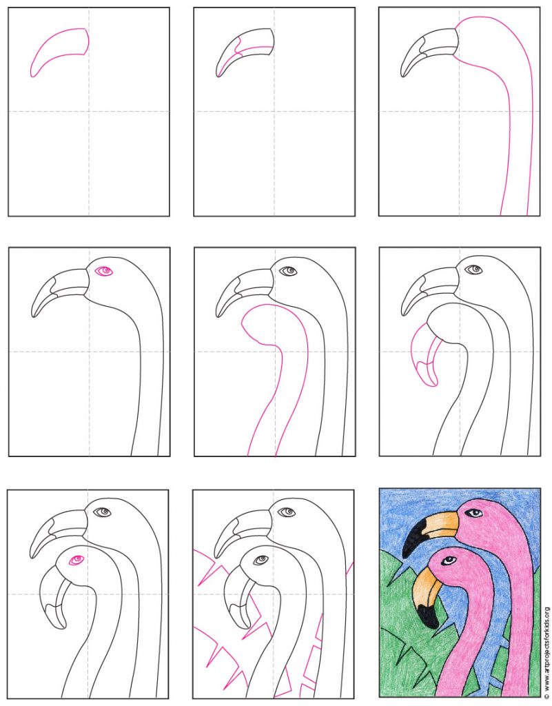 A step by step tutorial for how to draw an easy Flamingo Head, also available as a free download.