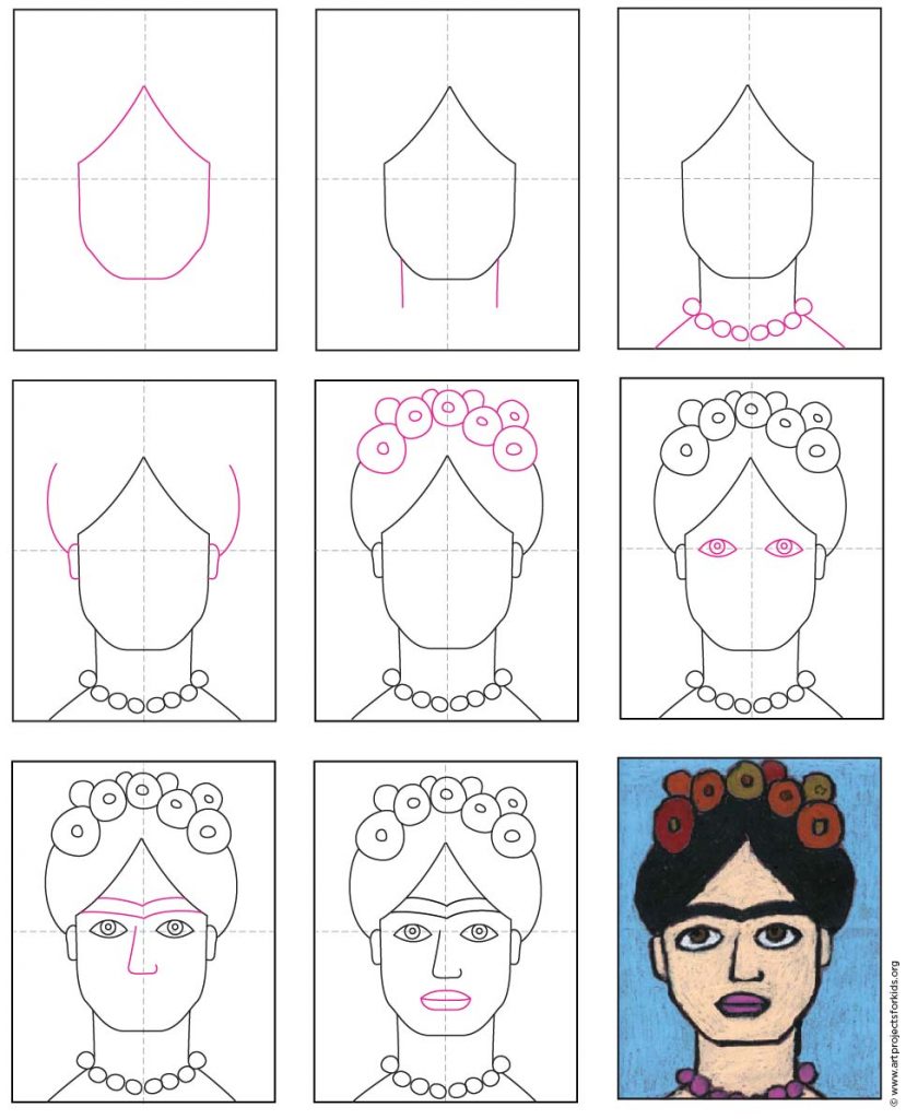 A step by step tutorial for how to draw Frida Kahlo, which is available as a free download.