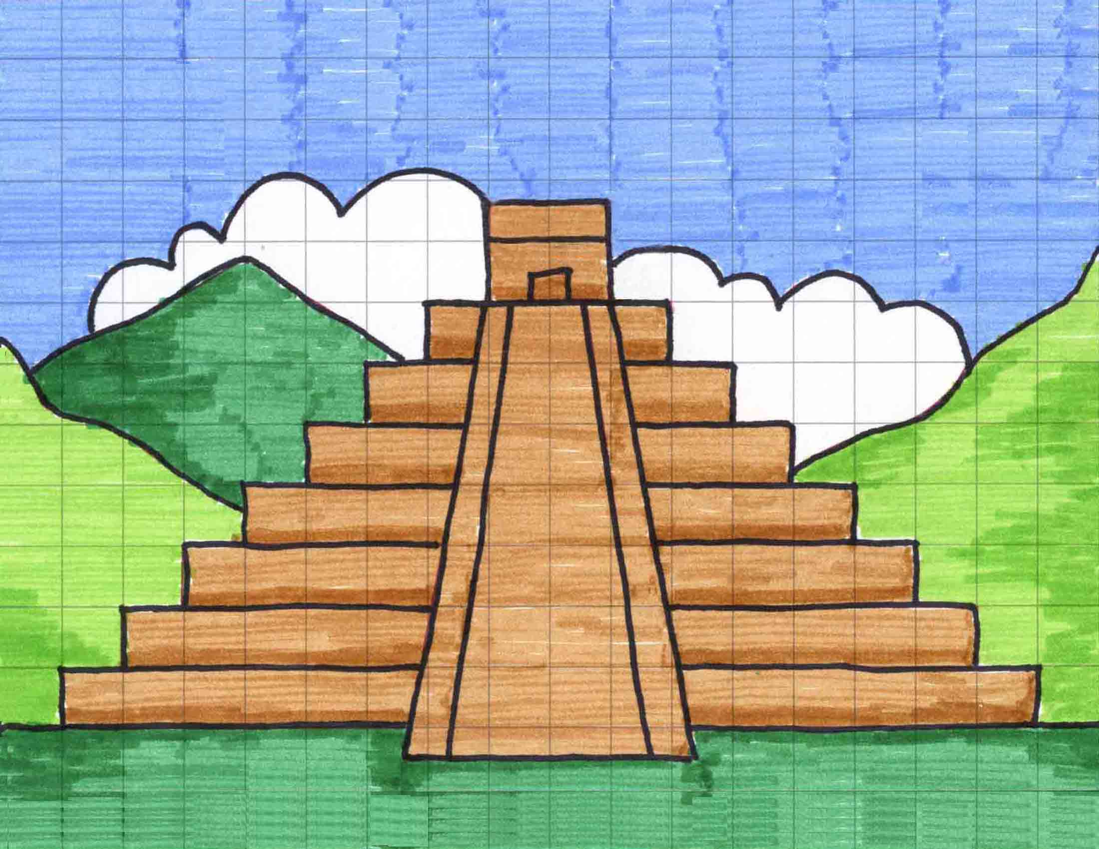 Straightforward Learn how to Draw a Mayan Temple, Mayan Temple Coloring