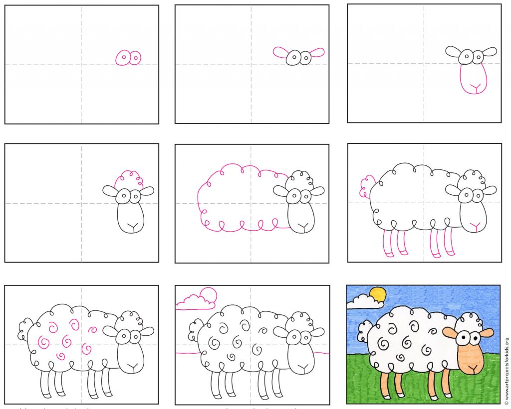 Easy How to Draw a Cartoon Sheep Tutorial and Cartoon Sheep Coloring
