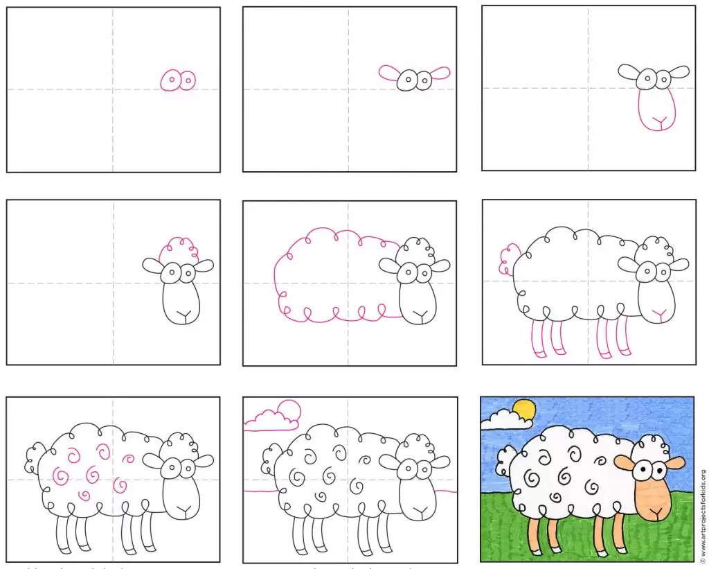 Пошаговое руководство о том, как легко нарисовать мультяшную овцу, также доступно для бесплатной загрузки.